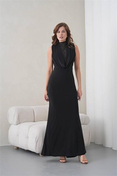 Neşeli Butik Women's Black Ruffle Collar Lace Detailed Maxi Evening Dress Nbs...