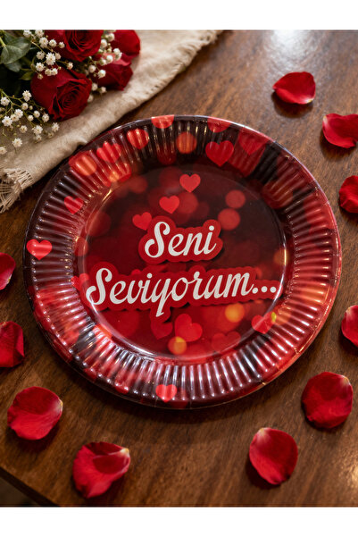 Happyewent I Love You Written Party Plate Set of 8 – Heart-Shaped Red Plastic...