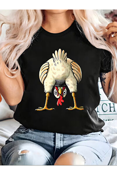 LİNA06 تي شيرت مطبوع عليه نصًا برسومات الدجاج من Upside Chicken، مقاس كبير، م...