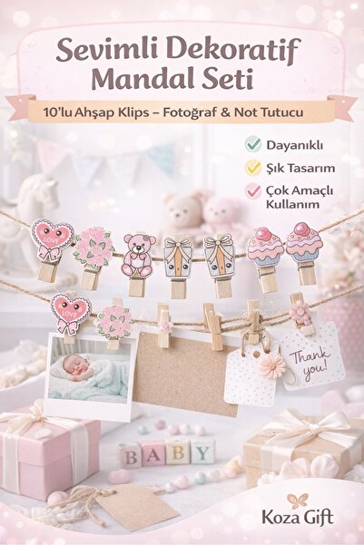 Keyfi Sepet Sevimli Desenli Mandal Seti 10’lu – Ahşap Fotoğraf Not Tutucu Kli...