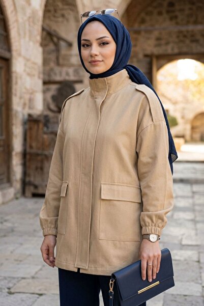 adamila Kadın Oversize Dik Yaka Cep Detaylı Tesettür Trençkot Ceket Günlük Şı...