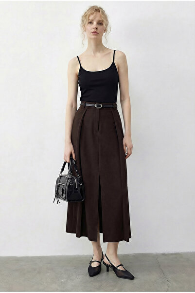 Bianco Lucci Kadın Pile Detaylı Kemerli Yırtmaçlı Midi Boy Etek 7224 60286019