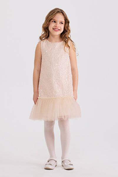 Panço Kız Çocuk İşlemeli Ekru Parti Elbsesi