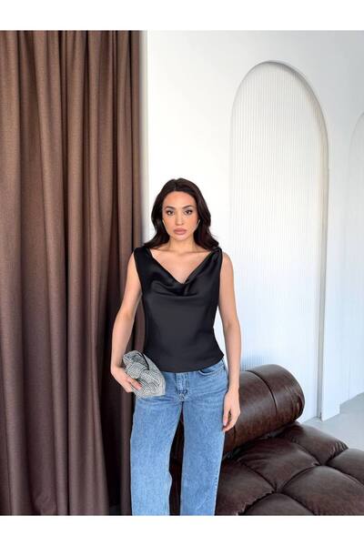 FLOWERİNG Women's Black Degaje Collar Satin Blouse