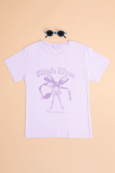 Fulla Moda تي شيرت للفتيات بتصميم فيونكة ونص مطبوع