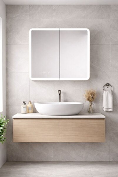Radinavico Bathroom cabinet with LED mirror, 70x68x13 cm, aluminum, 3 types o...