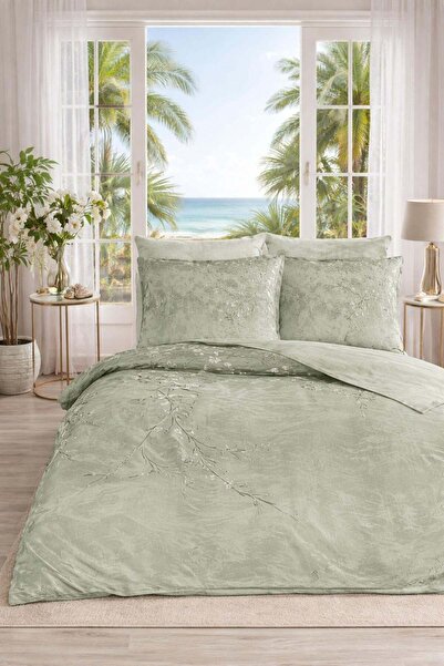 Özdilek White Sakura King Size Elastic Bed Sheet Duvet Cover Set - Green