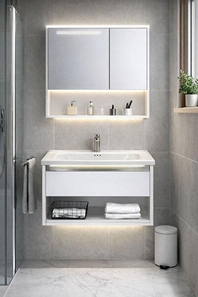 Radinavico Set mobilier baie, suspendat, 60x47cm, dulap oglinda 55x68x11cm, L...