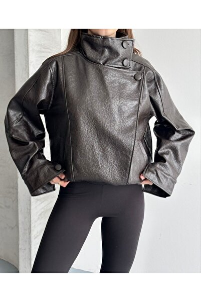 VESS MODA Zr Viral Oversize Urban Style High Collar Women's Leather Jacket