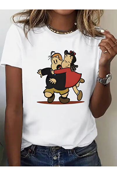 LİNA06 Women's T-shirt with Cartoon Character Hugging Pattern and Letter Prin...