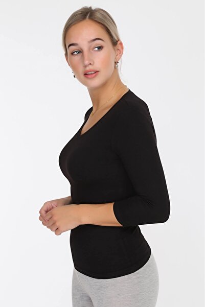 OBJE Women's Black Combed Modal V-Neck Capri Sleeve Bodysuit