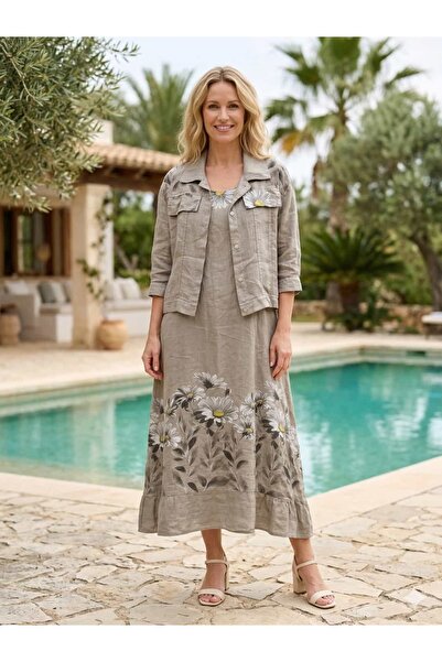 Punta Otantik Yg16001 Italian Daisy Patterned Strappy Linen Dress Jacket Set ...