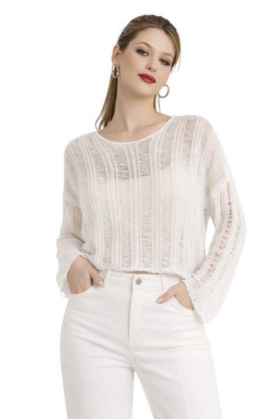 ModaAzen White Openwork Tasseled V-Neck Seasonal Cotton Women's Knitwear Blouse