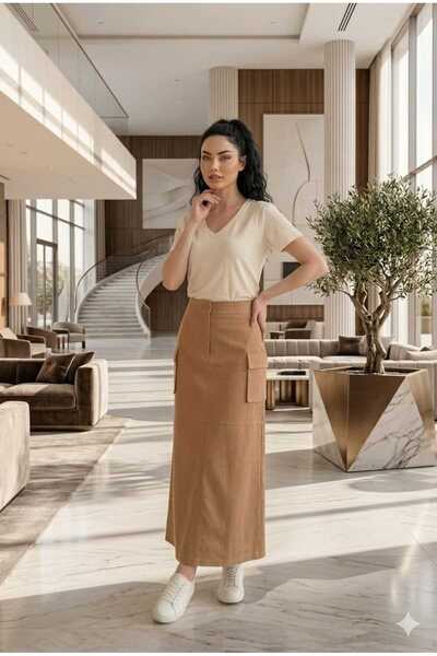 newmisal Women's Comfortable Fit Cargo Pocket Gabardine Fabric Skirt