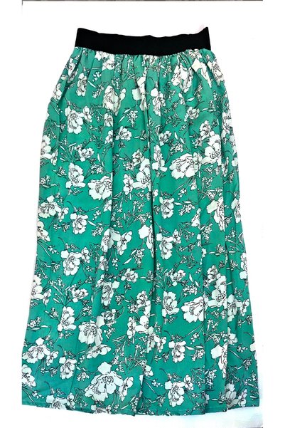 BBS Women's Green Floral Patterned Long Skirt with Elastic Waist - Comfortable Fit