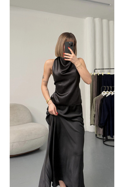 nona butik Destina Σατέν Μπλούζα - Μαύρη