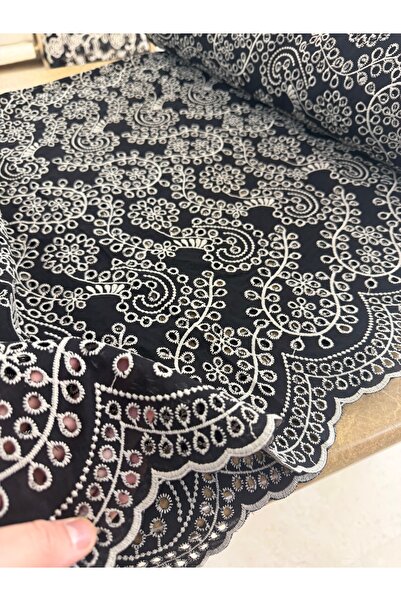 METERİAL Black Brode Embroidered Scallop Fabric - Vintage Patterned Luxury De...