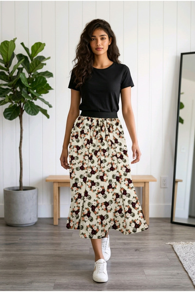 BBS Women's Beige Floral Patterned Long Skirt with Elastic Waist - Comfortabl...