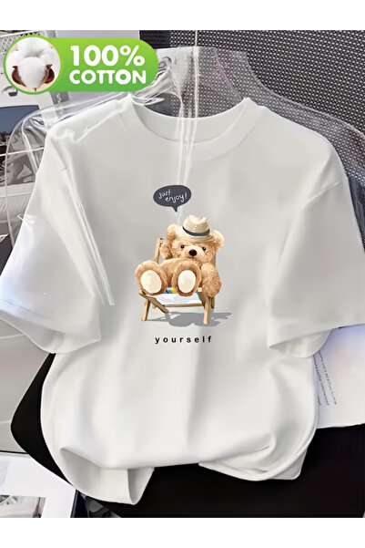 LİNA06 Graphic T-Shirt - Cute Teddy Bear with Glasses Pure Loose Fit Round Ne...