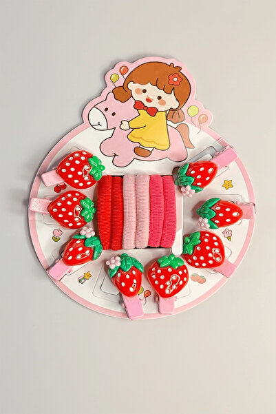 TAKIŞTIR Σετ μίνι πλαϊνής/λαστιχένιας πόρπης και αξεσουάρ με σχέδιο φράουλας