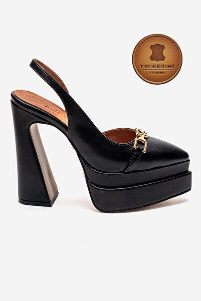 Ayakkabı Ateşi Genuine Leather Black Leather Double Platform Design Back Open...