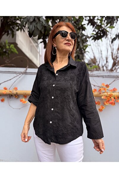 DenizEge Италианска памучна гипюрова риза с яка, черна