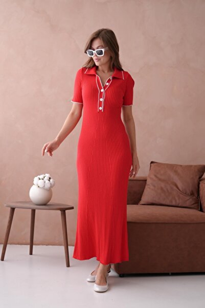 Arbucky Women's Ribbed Polo Neck Midi Length Knitwear Dress