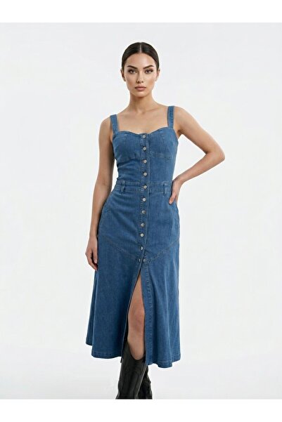 SUPER FASHION CLUB Kadın Denim Önü Çıtçıtlı Cepli Askılı Kot Elbise