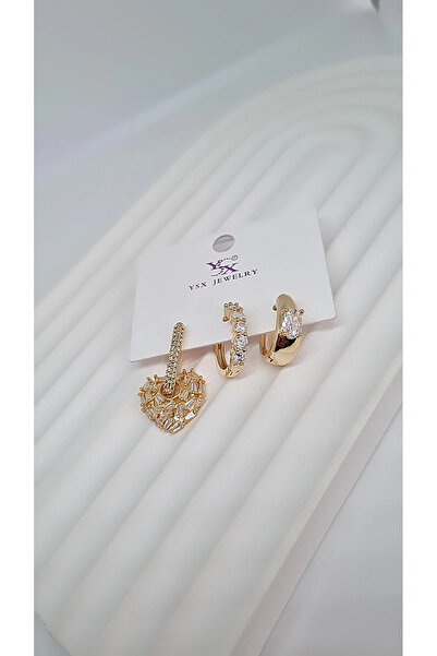 YSX JEWELRY Kalp Detaylı Üçlü Küpe Seti 14K Altın Rengi