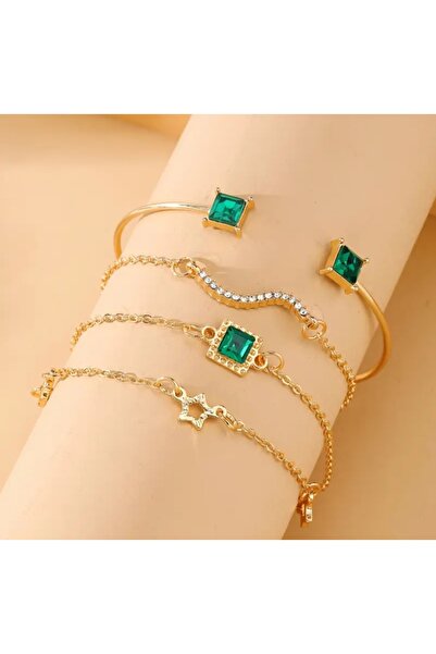stainless steell Vip 4-Piece Gold Color Artificial Diamond Emerald Green Deta...