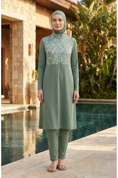 sefamerve Ethnic Patterned Lycra Hijab Swimsuit 2313-03 Green