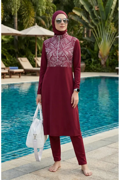 sefamerve Ethnic Patterned Lycra Hijab Swimsuit 2313-04 Claret Red