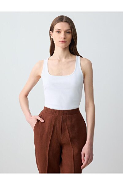 Jimmy Key Beyaz Dar Kesim Kare Yaka Örme Atlet