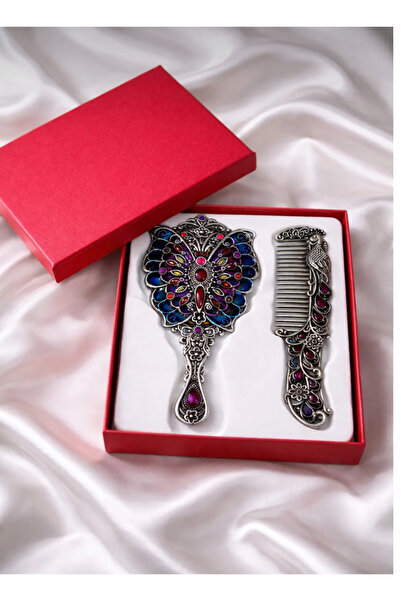 Mimoza Etnik desenli vintage kabartmalı el aynası ve tarak seti(kutulu)