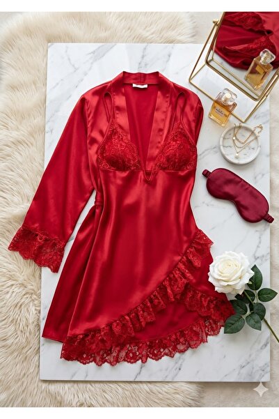 Loule Set de 2 piese pentru femei: cămașă de noapte și halat din satin roșu c...