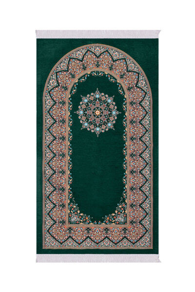 Bursa İpek Emerald Sunflower Pattern Embossed Special Woven Prayer Rug