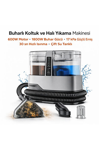 Buharlı Koltuk ve Halı Yıkama Makinesi 1800W Buhar Gücü, 17 kPa Güçlü Emiş, 30 sn Hızlı Isınma