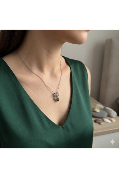 shop Kalp Taşlı, Gümüş, Paslanmaz Çelik Kolye