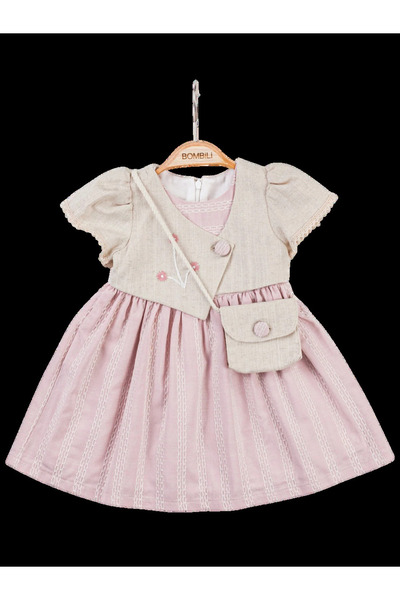The-kid.co Embroidered Lace Ruffled Dress with Vest & Bag -Rose