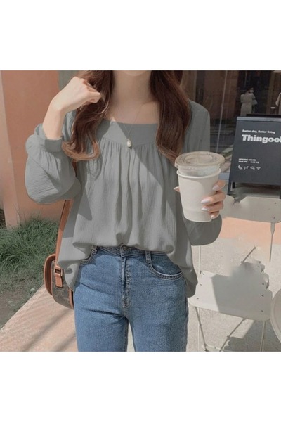 FASHION بلوزة نسائية بأكمام طويلة وياقة مربعة