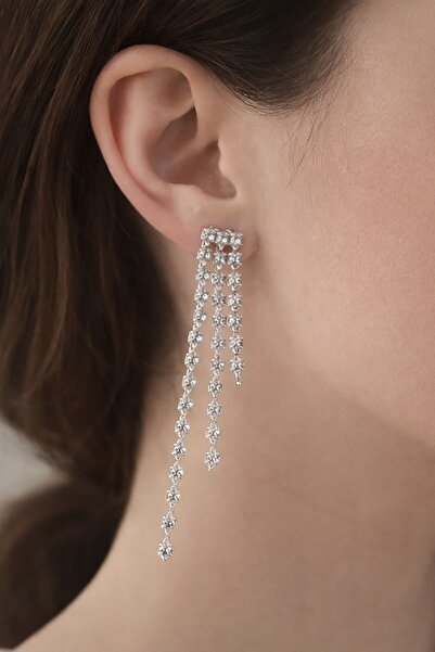 TAKIŞTIR Silver Color Stone Detailed Dangle Evening Dress Earrings (Pair)