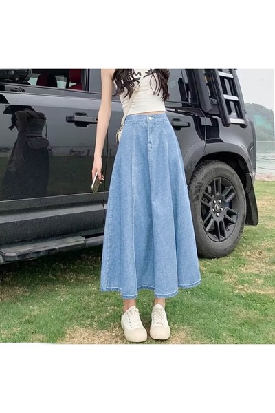 FASHION تنورة دينيم ميدي بقصة A-line للنساء