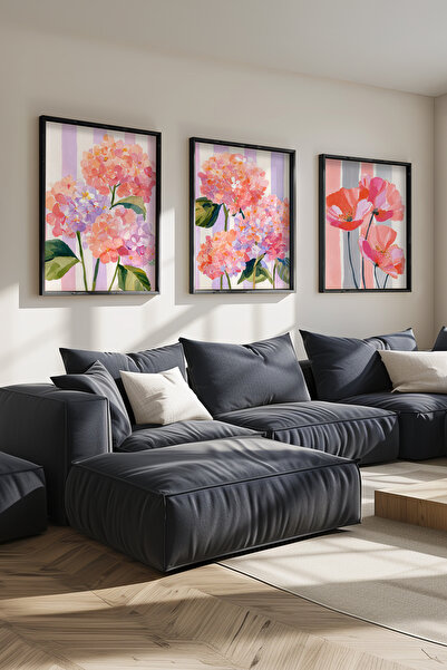 STARYUNA Μαύρο ξύλινο πλαίσιο με λουλουδάτο σχέδιο, σετ τριών πινάκων Ucyuna603