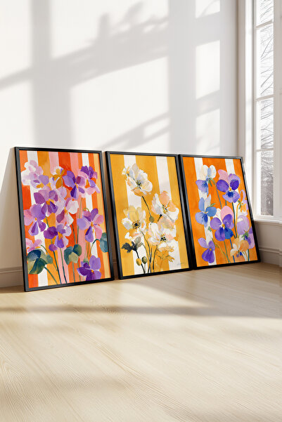 STARYUNA Σετ τριών πινάκων με μαύρο ξύλινο πλαίσιο, πολύχρωμα λουλούδια και π...