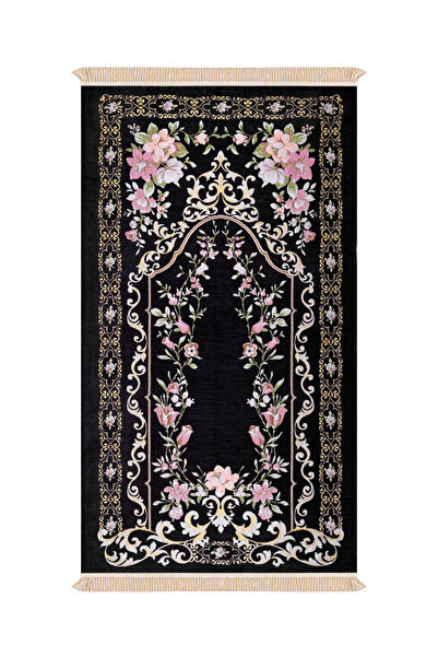 Bursa İpek Black Rose Garden Pattern Embossed Special Woven Prayer Rug
