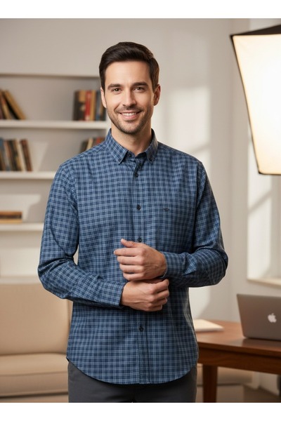 DİO Men’s Blue Checkered Shirt – Premium Slim Fit Long Sleeve Casual Formal S...