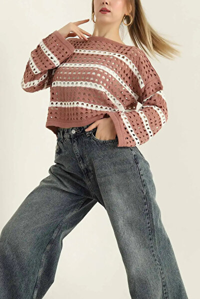 VARENZEA Women's Openwork Striped Perforated Knitwear Blouse Summer Seasonal ...