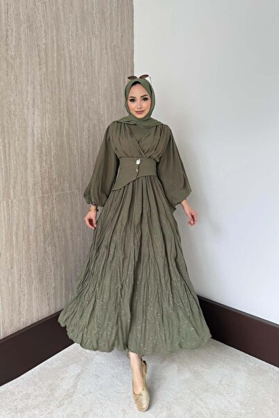 QUQA Simli Kraşlı Elbise - Haki