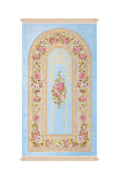 Bursa İpek Blue Mihrap Pattern Embossed Special Woven Prayer Rug