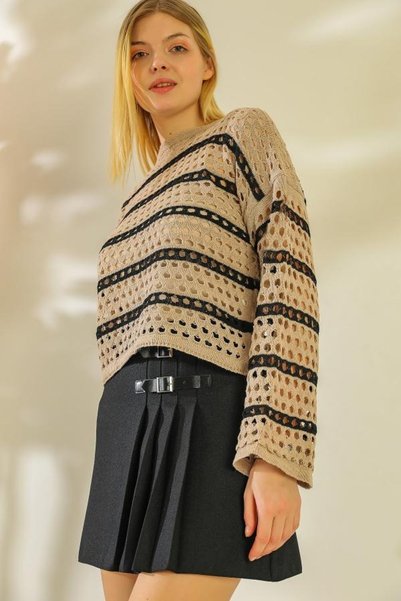 VARENZEA Women's Openwork Striped Perforated Knitwear Blouse Summer Seasonal Long Sleeve Comfortable Fit Slim Knit Sweater
